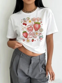 Camiseta de Mujer con Estampado de Pastel de Fresa - Blusa de Manga Corta y Cuello Redondo - Top Compatible |   Blusa Casual Elástica para Verano y Primavera - Ideal para Outfits de Clima Cálido, Lavable a Máquina, Fruta - [Blanco] - Ver 6