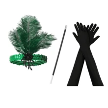 3 piezas Disfraz de fiesta vintage de los años 20 para mujer, incluye 1 tocado de plumas, 1 par de guantes para mujer y un portacigarrillos. - Negro - Ver 9