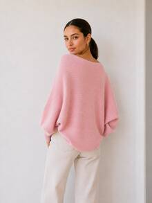 Women's Pink Knit Blouse With Batwing Sleeves, Oversized Ribbed Knit Sweater, Casual Fashion - Pink - View 4