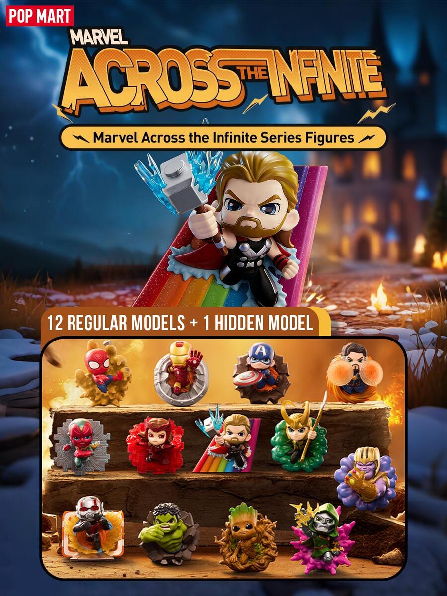 Hộp bí ẩn POP MART Avengers Infinity Series - 12 mô hình thường + 1 mô hình ẩn, kỷ niệm những khoảnh khắc sử thi của các anh hùng và những kẻ phản diện huyền thoại vượt qua các chiều không gian, thể hiện phong cách siêu anh hùng năng động, bao gồm cả những nhân vật huyền thoại được yêu thích. Mỗi mô hình đều nắm bắt được năng lượng vô tận của đa vũ trụ, khơi dậy trí tưởng tượng của bạn với những khoảnh khắc quyết định của mỗi anh hùng.