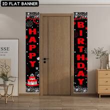 Fondo de banner de fiesta de cumpleaños en 2D, decoración de puerta con tema de cumpleaños, fondo negro con prominente texto rojo "Feliz Cumpleaños", incluye pastel, fuegos artificiales, estrellas, caja de regalo, banderines, hecho de material de poliéster, sin fuente de alimentación requerida - 1PC - Ver 3