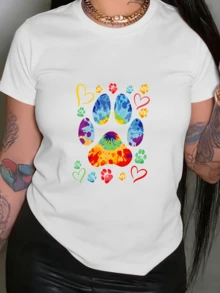 Huella multicolor que simboliza amor por los animales unión y alegría con corazones y patas coloridas plena de energía positiva camiseta de mujer casual moderna cómoda para uso diario - Blanco - Ver 6