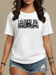 Artistic Portrait Of Three Women In Mugshot Style Symbolizing Rebellion And Modern Female Strength Against An Urban Lines Background, Casual Elegant Women's T-Shirt - 白色 - 查看 8