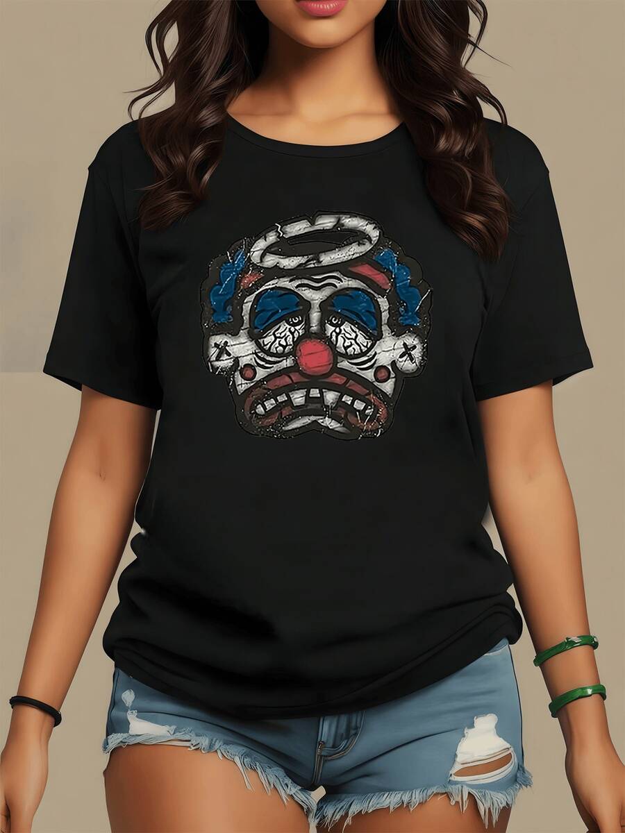 Clown Face With Halo And Tears Symbolizing The Internal Struggle Between Sadness And Hope, Conveying An Intense Mix Of Emotions. Comfortable And Modern Casual Women's T-Shirt - 黑色 - 查看 1