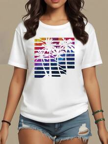 Dark Palm Trees Against A Multicolored Sky That Evokes Tropical Sunsets Full Of Energy And Freedom, Reflecting The Relaxed Spirit Of Summer And The Connection With Nature. Modern Casual Women's T-Shirt - 白色 - 查看 1