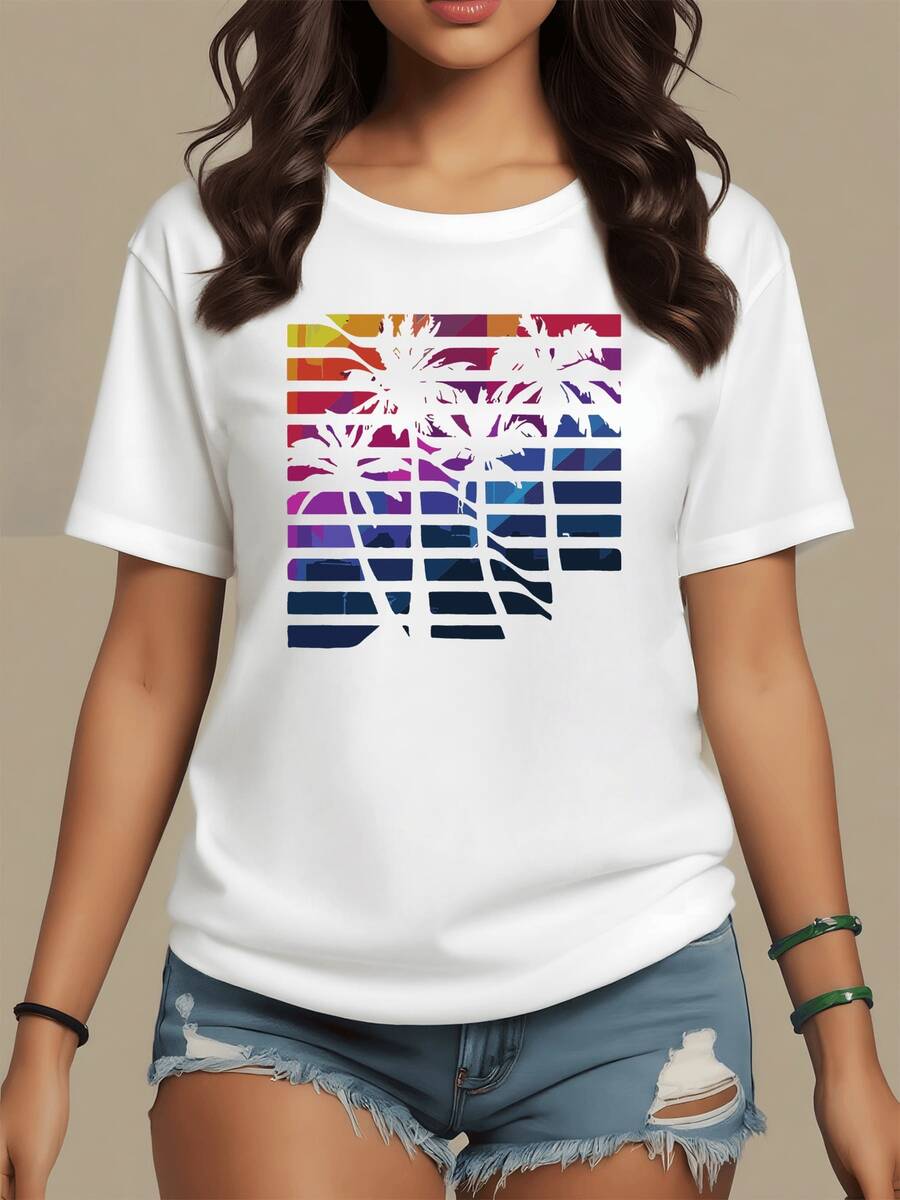 Dark Palm Trees Against A Multicolored Sky That Evokes Tropical Sunsets Full Of Energy And Freedom, Reflecting The Relaxed Spirit Of Summer And The Connection With Nature. Modern Casual Women's T-Shirt - 白色 - 查看 1