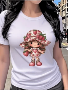 Adorable Little Girl In A Dress And Hat Covered In Strawberries, Symbolizing Sweetness, Joy, And Tenderness-Perfect For Conveying Natural Charm. Casual, Comfortable, And Modern Women's T-Shirt. - 白色 - 查看 8