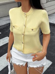 夏季新款女式時尚極簡百搭短袖針織上衣 - 黃色 - 查看 8