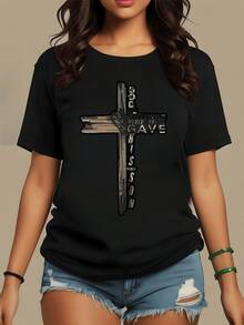 Cruz con mensaje inspirador de amor y esperanza símbolo de fe que representa sacrificio redención y fortaleza espiritual camiseta de mujer casual cómoda ideal para uso diario - Negro - Ver 1