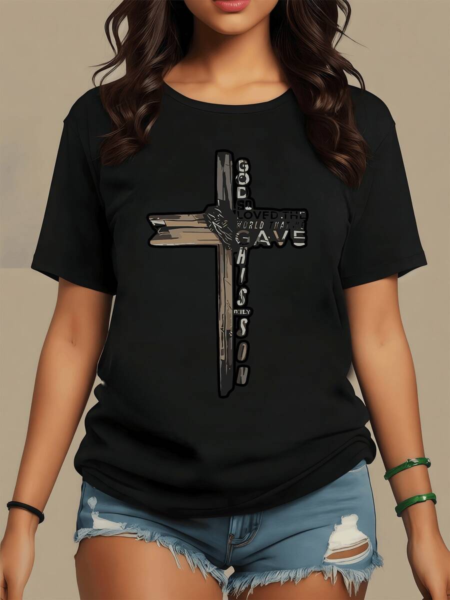 Cruz con mensaje inspirador de amor y esperanza símbolo de fe que representa sacrificio redención y fortaleza espiritual camiseta de mujer casual cómoda ideal para uso diario - Negro - Ver 1