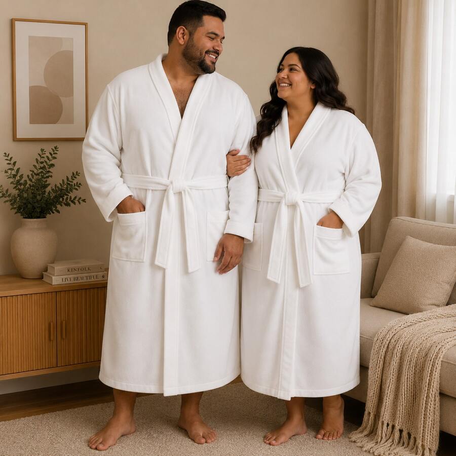 Soft Cozy Plus Size Unisex Bathrobe For Women And Men, Warm Terry Cloth Microfiber, Long With Pockets, Post-Bath, Winter - trắng - Xem 1