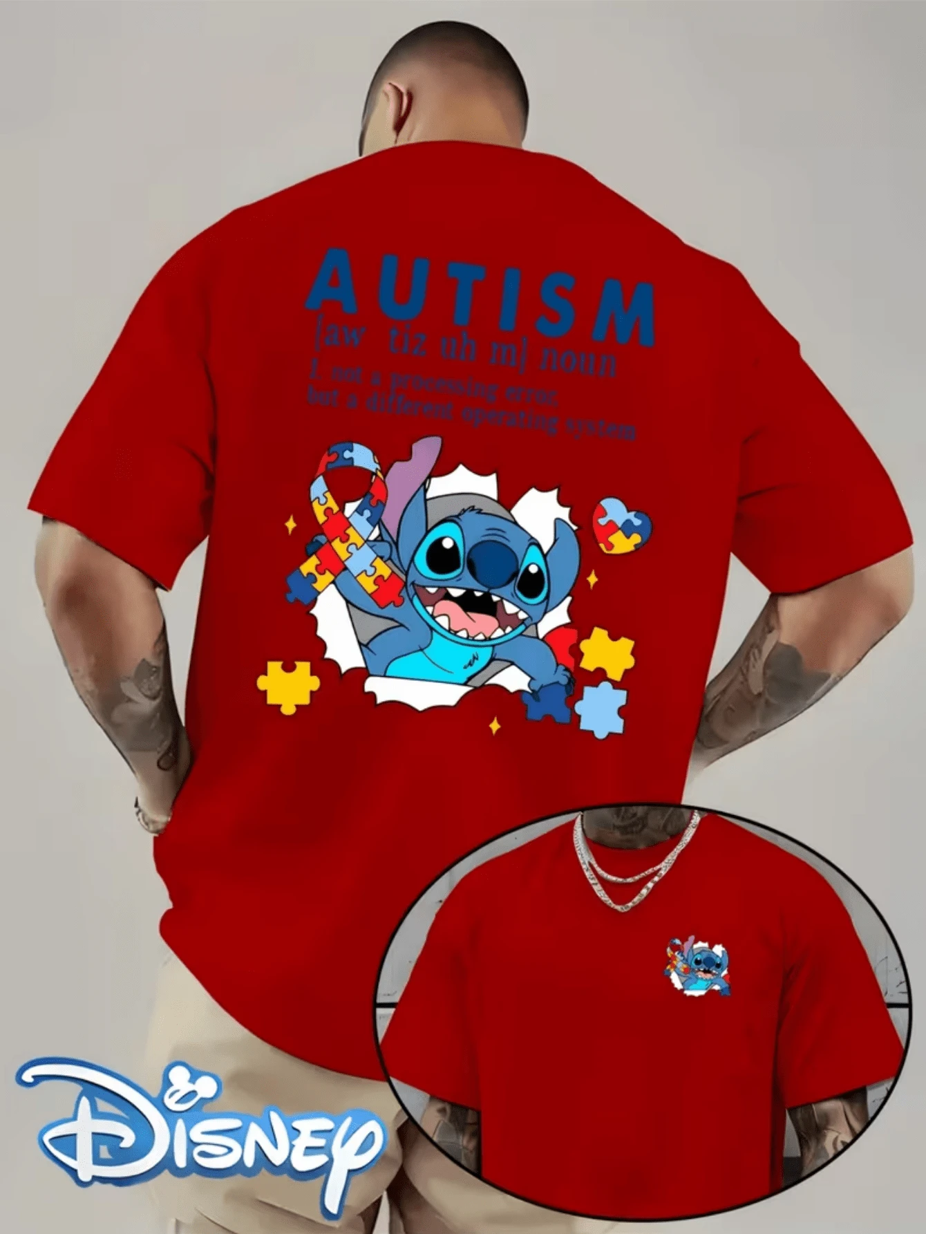 (Disney Licensed T Shirts)Disney Lilo & Stitch Stitch Autism Awareness Graphic Tee Men's Oversized Crew Neck Short Sleeve T-Shirt, Casual Streetwear With Puzzle Ribbon Autism Support Print, Cute Alien Stitch Double-Sided Loose Fit Tee, Mens Clothes, Men, Ropa De Hombre, Summer Clothes, Men Shirts, Graphic Tees, Disney Outfits Men, Graphic Tees, Camisetas Para Hombre, Camisas Para Hombre, Summer Outfits For Men, Father's Day Gift, Perfect Gift For Family And Friends, Which Are Necessary For Birthday Parties, Disney Shirts, Mens Clothes, Summer Clothes, Officially Licensed Disney T-Shirts, Disney Men's And Women's Spring/Summer Fashion Casual Short-Sleeve T-Shirts, Disney Top - Đỏ - Xem 1