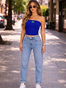 Women's Cropped Tube Top BRAZIL EMBROIDERED 6X4 Or World Cup Colors Double Layer Of Supplex Slim Fit Strapless - Aul bic (CÓ THÊU) - Xem 5
