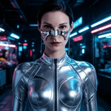 1pc Cyberpunk Metal Face Mask, Unique Design Asymmetrical Fluid Face Decor,Party - Silver - View 5