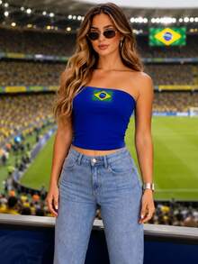 Women's Cropped Tube Top BRAZIL EMBROIDERED 6X4 Or World Cup Colors Double Layer Of Supplex Slim Fit Strapless - Aul bic (CÓ THÊU) - Xem 1