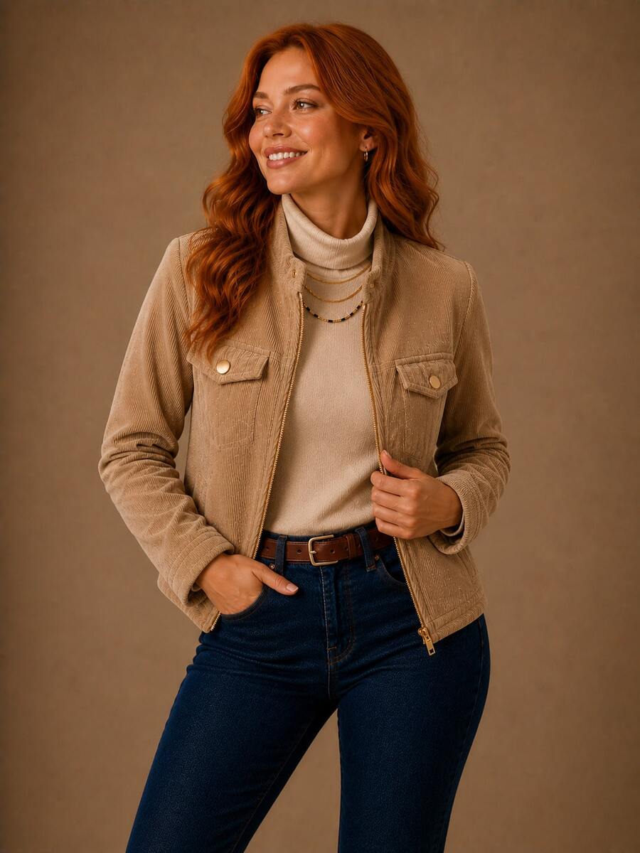 Women's Corduroy Jacket With Zipper, Casual Style, Elegant, Winter Fashion, Fluffy Velvet Zipper, Night, Vacation, School, Office, Daily. - 米色 - 查看 1