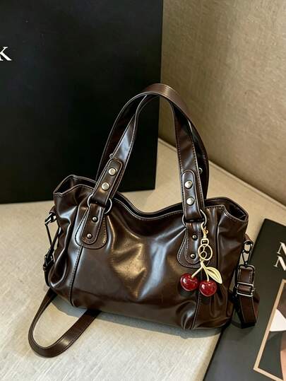 This Classic And Fashionable New Multi-Functional Solid Color Shoulder Bag Is Designed With A Large Capacity Vintage PU Material, Decorated With A Cherry Pendant, And Equipped With A Zipper, Making It An Ideal Choice For Women's Commuter Bags. It Is Very Suitable For Shopping, Travel And Commuting And Other Occasions. , Office Bag