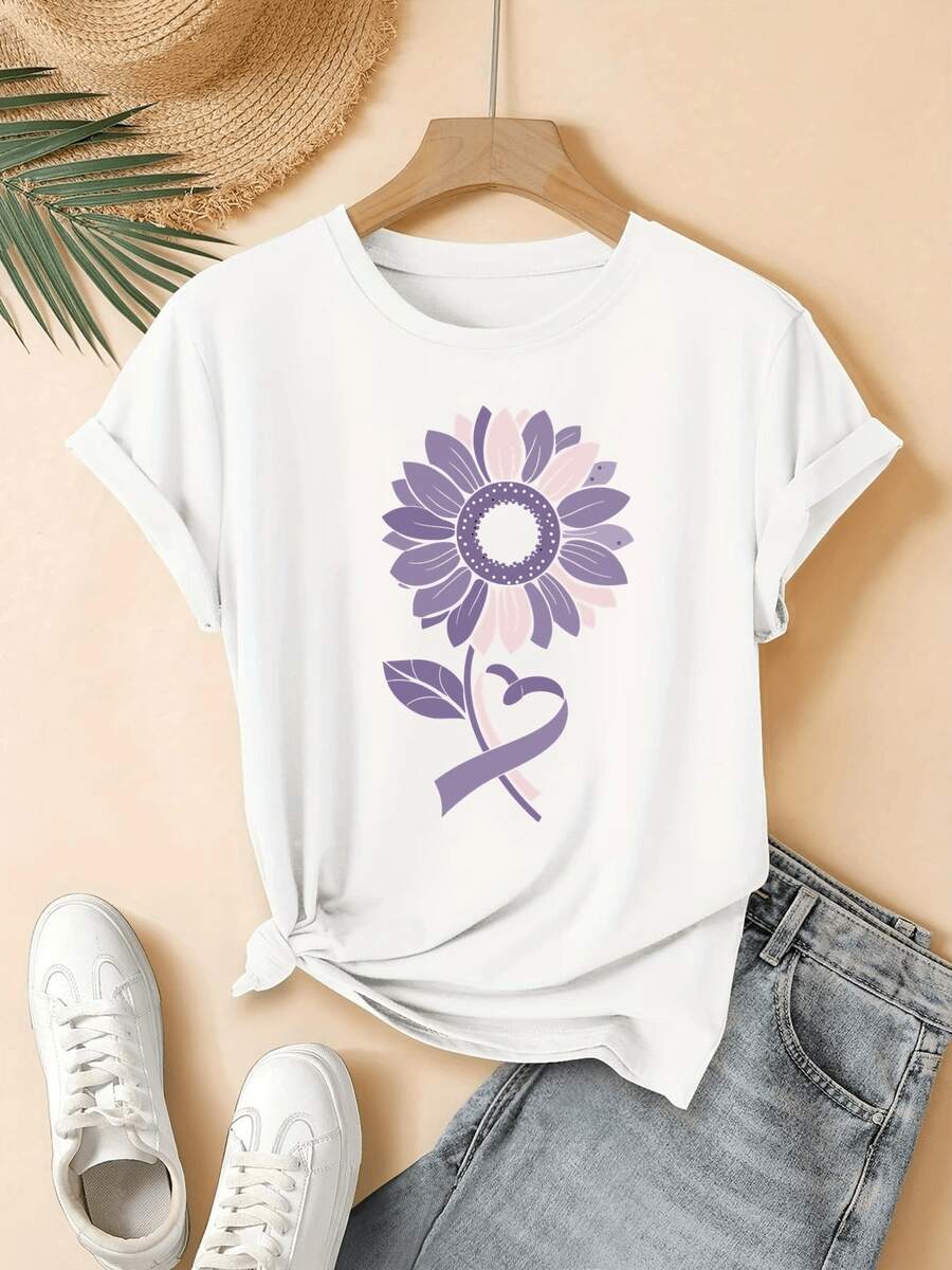Purple Sunflower Symbolizing Hope, Inner Strength, And Loving Solidarity With Intertwined Ribbon On A Warm Background To Inspire Positivity. Women's Casual, Modern, Comfortable T-Shirt For Everyday Wear. - 白色 - 查看 1