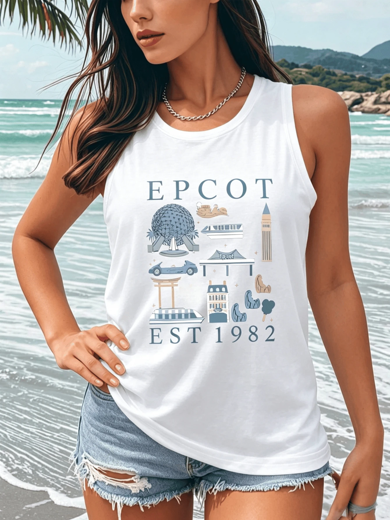 EPCOT EST 1982 Theme Park Print Tank Top For Women, Retro Graphic Loose Fit Sleeveless Vest Casual Summer Vacation Streetwear Top.Vacation Graphic Loose Fit Sleeveless Vest Casual Summer Beach Streetwear Top. - trắng - Xem 1