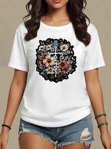 A Blue Cross Surrounded By Multicolored Flowers Symbolizing Hope, Faith, And Renewal In Each Petal Highlights A Positive And Spiritual Message. A Women's T-Shirt For Casual Wear, Comfortable And With Artistic Charm. - 白色 - 查看 8