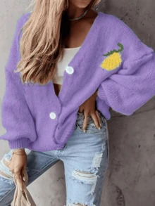 Áo khoác cardigan nữ dáng rộng cổ chữ V, họa tiết chanh, chất liệu mềm mại, tay áo phồng thời trang, áo len dài tay cài cúc phía trước, món đồ thiết yếu cho đầu xuân. - Màu Lilac Tím - Xem 6
