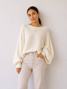 Women's White Knit Blouse With Batwing Sleeves, Oversized Ribbed Knit Sweater, Loose Fit, Elegant - White - View 1
