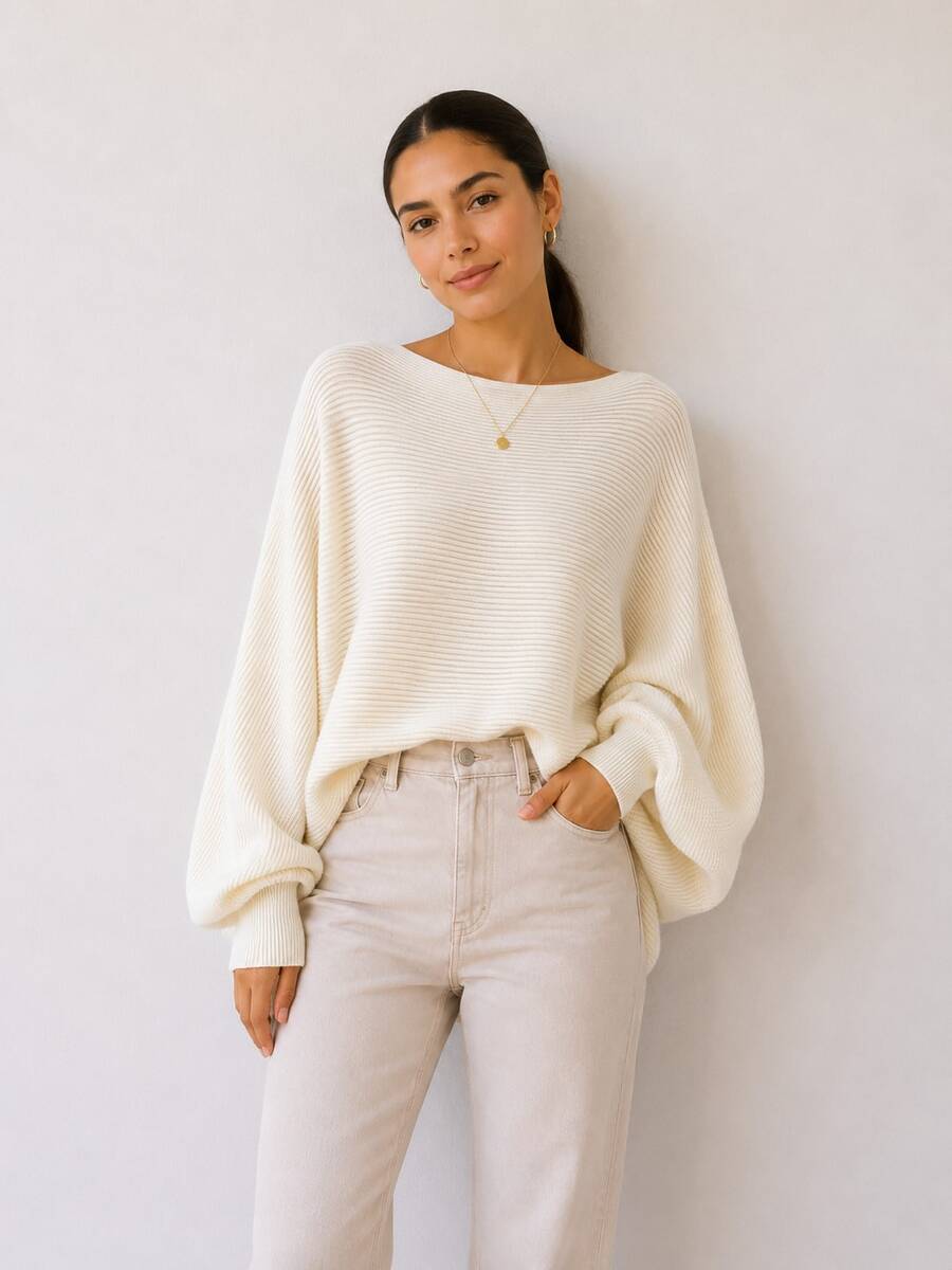 Women's White Knit Blouse With Batwing Sleeves, Oversized Ribbed Knit Sweater, Loose Fit, Elegant - White - View 1