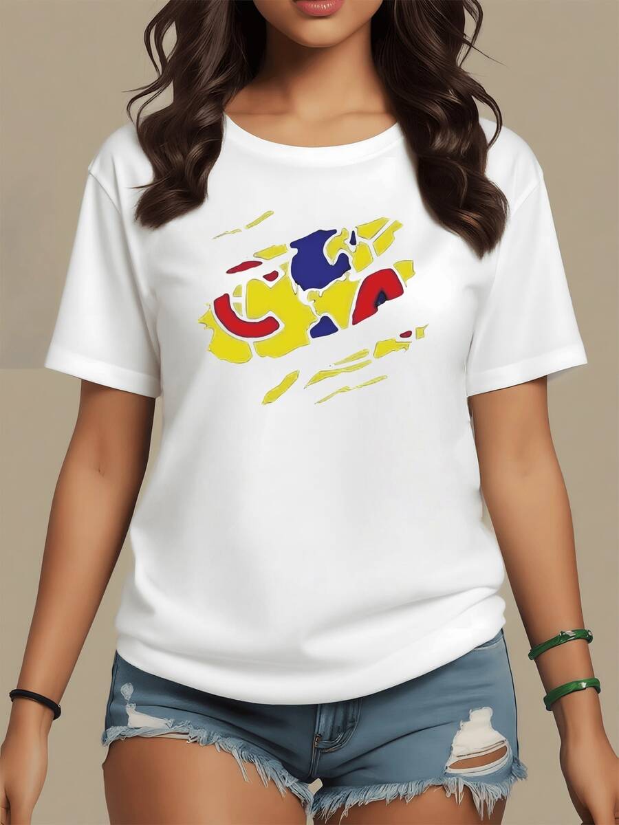 Abstract Figure With Torn Lines Revealing Shapes In Red, Yellow, And Blue, Symbolizing Energy And Modern Freedom For A Comfortable And Versatile Casual Women's T-Shirt - 白色 - 查看 1