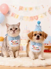 寵物生日帽與刺繡標語圍巾套組－貓狗生日派對配件 - 彩色 - 查看 6