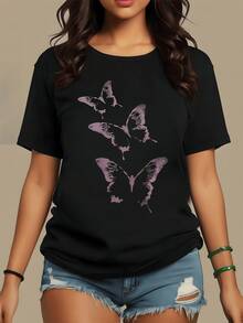 Butterflies In Lavender Tones Representing Freedom, Rebirth, And The Ephemeral Beauty Of The Soul In Flight. Modern Casual Women's T-Shirt Ideal For Everyday Wear. - 黑色 - 查看 8