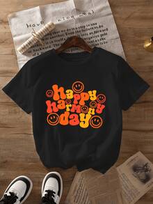 Colorful Text With Cheerful Phrases And  Faces That Convey Good Vibes, Positive Energy And Unity, Inspiring Happiness And Harmony To Share Unforgettable Moments. Casual, Comfortable And Modern Women's T-Shirt, Ideal For Everyday Wear. - 黑色 - 查看 1