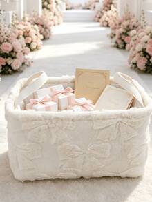 1pc Large Capacity Pink Flannel Bow Storage Basket, Suitable For Storing Cosmetics, Clothes, Snacks, Toys, Flower Bouquets, Wedding Supplies - Pink - View 10