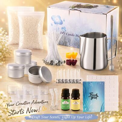 Silver Canister With Essential Oil Style Handmade Candle Making Kit, Suitable For Adults, Teenagers, Beginners, Includes Soy Wax, Stirring Spoon, Pouring Cup, Storage Jar, Essential Oils, Colored Wax Blocks, Candle Wicks, And Wick Holders, Complete DIY Candle Crafting Set, Suitable For Various Holidays