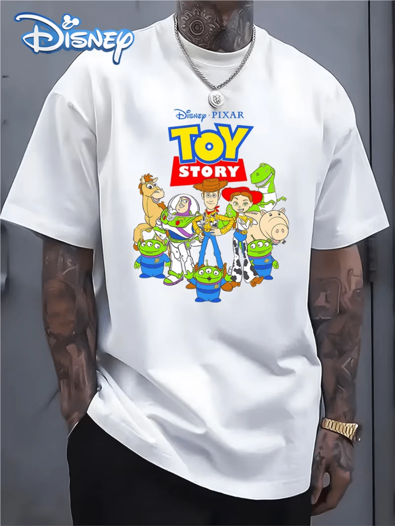 (Disney Licensed T Shirts)Disney PIXAR1 Toy Story All Characters Group Graphic Tee Men's Oversized Crew Neck Short Sleeve T-Shirt, Casual Streetwear With Woody Buzz Jessie Rex Hamm Bullseye Aliens Full Cast Print, Classic Toy Story Double-Sided Loose Fit Tee, Mens Clothes, Men, Ropa De Hombre, Summer Clothes, Men Shirts, Graphic Tees, Disney Outfits Men, Graphic Tees, Camisetas Para Hombre, Camisas Para Hombre, Summer Outfits For Men, Father's Day Gift, Perfect Gift For Family And Friends, Which Are Necessary For Birthday Parties, Disney Shirts, Mens Clothes, Summer Clothes, Officially Licensed Disney T-Shirts, Disney Men's And Women's Spring/Summer Fashion Casual Short-Sleeve T-Shirts, Disney Top - 白色 - 查看 1