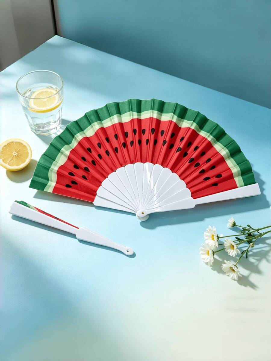 12把西瓜圖案摺疊扇,可愛水果印花布料手扇,白色直骨扇,23cm優質竹骨反光布料功夫扇。便攜式冷卻性能配件,適合夏季戶外活動、聚會、海灘旅行、Cosplay及裝飾場景 - 彩色 - 查看 1