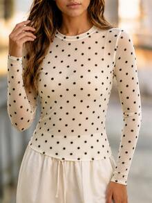 2026 Neue Damen Milchig Weiß & Schwarz Polka Punkt Transparente Langarm Bluse, Sexy Schlank Elegant Party Abend Hemd Urlaub - Aprikosenfarben - Übersicht 4
