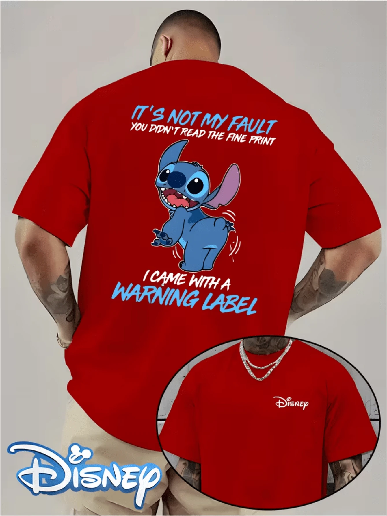 (Disney Licensed T Shirts)Disney Lilo & Stitch Stitch Funny Quote Graphic Tee Men's Oversized Crew Neck Short Sleeve T-Shirt, Casual Streetwear With "It's Not My Fault" Stitch Print, Sarcastic Stitch Double-Sided Loose Fit Tee, Mens Clothes, Men, Ropa De Hombre, Summer Clothes, Men Shirts, Graphic Tees, Disney Outfits Men, Graphic Tees, Camisetas Para Hombre, Camisas Para Hombre, Summer Outfits For Men, Father's Day Gift, Perfect Gift For Family And Friends, Which Are Necessary For Birthday Parties, Disney Shirts, Mens Clothes, Summer Clothes, Officially Licensed Disney T-Shirts, Disney Men's And Women's Spring/Summer Fashion Casual Short-Sleeve T-Shirts, Disney Top - 紅色 - 查看 1