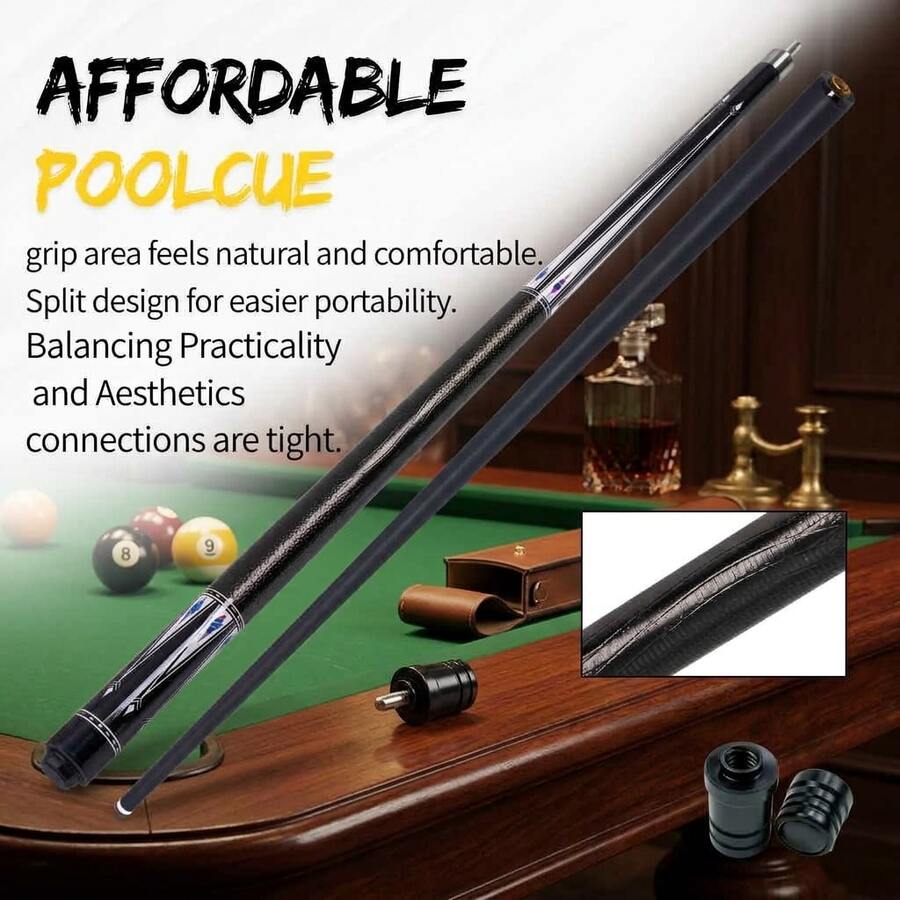 Carbon Fiber Pool Cue, 2 Pieces Billiard Cue Stick, 12.5mm Tip, 146cm, Practice & Beginners - Multicolor - View 1