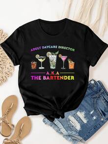 Copas coloridas que representan diversión y creatividad con frases alegres que resaltan el espíritu festivo y el humor de la vida moderna perfecta para quien ama socializar camiseta de mujer casual con estampado divertido - Negro - Ver 1