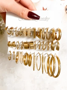 30-6 Pairs Fashion Gold Earrings Set, Faux Pearl And Geometric Heart Square Stud Earrings, Daily Wear, Ideal Gift For Her - Gold - View 12