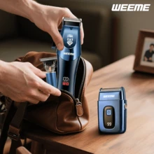 WEEME 三合一男士理容套装 - 无绳理发器 + T 型刀头修剪器 + 电动剃须刀，USB 充电，带 LED 显示屏和导梳，家用理发修剪套装 - 藍色 - 查看 4