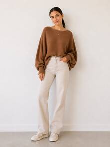 Women's Brown Knit Blouse With Batwing Sleeves, Oversized Ribbed, Elegant, Fashion Sweater - 棕色 - 查看 3