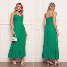 Elegant Women's Long Dress In Viscose Linen With Built-In Bra, Lining, Adjustable Straps And Front Buttons - 綠色 - 查看 6