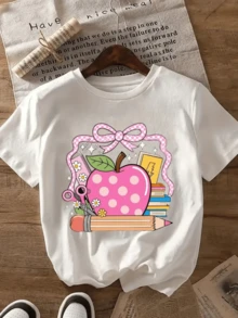 Pink Apple With White Dots Surrounded By Ribbons, Pink Squares, Flowers, Books, And A Pencil Symbolizes Tenderness And Love Of Knowledge. Casual, Comfortable, And Modern Women's T-Shirt - 白色 - 查看 8
