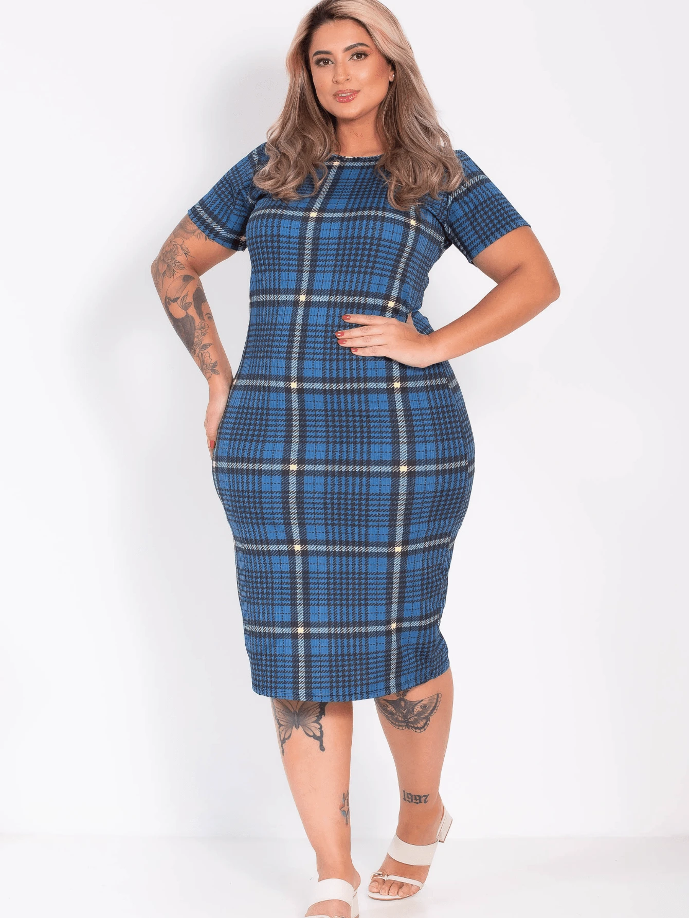 Casual Short-Sleeved Plaid Midi Dress, Comfortable For Spring/Summer - Màu xanh kẻ caro - Xem 1
