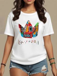 An Artistic Figure In The Shape Of A Multicolored Crown Symbolizing Creative Strength And Inner Freedom, Fusing Urban Elements And Intense Brushstrokes That Evoke Expressive Power. A Modern, Casual Women's T-Shirt For Everyday Wear. - 白色 - 查看 8