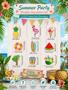 Bộ 10 cờ hiệu và băng rôn trang trí tiệc mùa hè bằng gỗ hình chim hồng hạc và dứa, tích hợp các yếu tố chim hồng hạc, dứa, dép xỏ ngón, ván lướt sóng và cốc dừa. Thích hợp cho các bữa tiệc theo chủ đề nhiệt đới mùa hè, tiệc ngoài trời mùa hè. - Xem 4