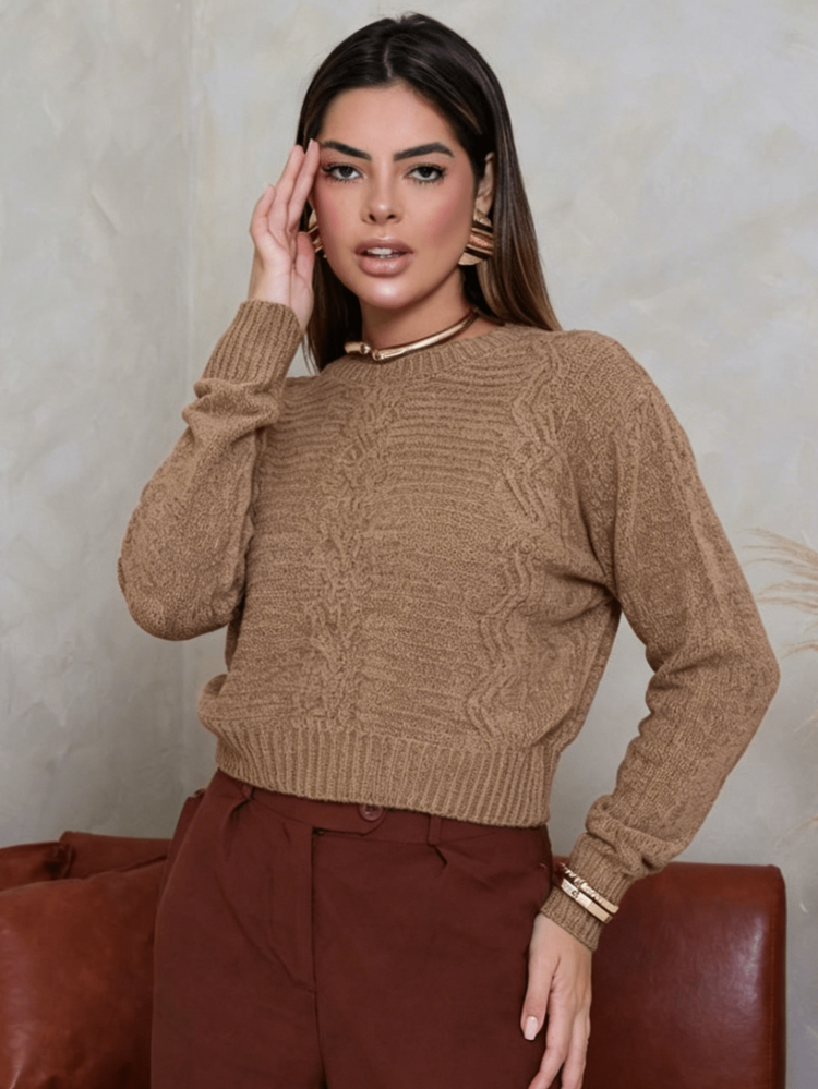 Women's Long-Sleeved Knit Blouse For Winter, Basic Round Neck, Chenille Mousse Fabric, Thick, Comfortable, Cropped - Khaki - View 1