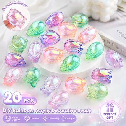 20pcs Random Mixed Transparent Tulip Flower Acrylic Beads, Suitable For Bracelets, Phone Straps And Accessories