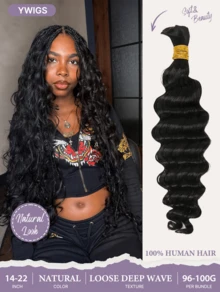 Y WIGS 14-22 Inch 100g Loose Deep Wave Bulk Human Hair For Boho Braids 100% Unprocessed Human Hair Natural Color Soft Human Crochet Hair For Vacation, Holiday, Festival, Back To School, Daily, Sports - Natural Black - View 2